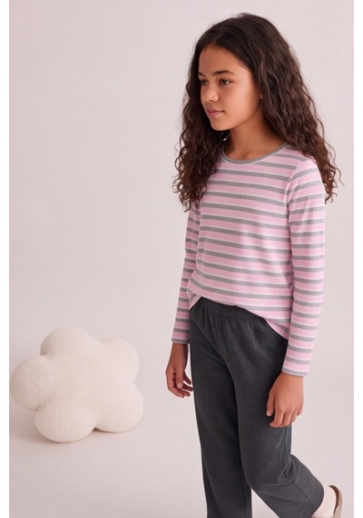 Esila Kids Kız Çocuk Çizgili Uzun Kollu Tişört Ve Rahat Kesim Pantolon Takım Pembe