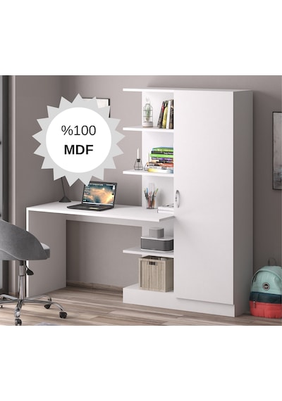Mdf Narin Raflı Dolaplı Çalışma Masası Beyaz
