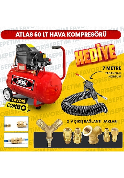 Atlas 50 Litre Hava Kompresörü 2Hp 8Bar 15Mt Spiral Hortum Havata