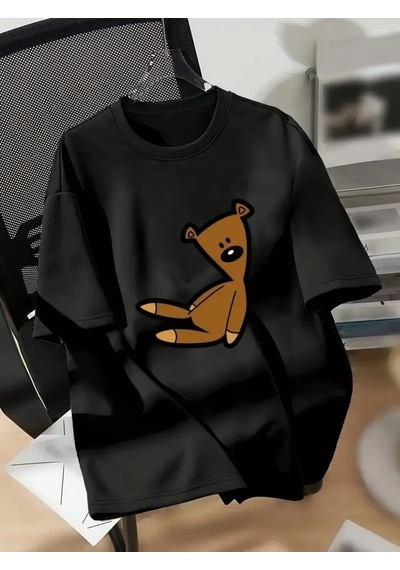 Assema Kadın Penye Compack Tişort Ayı Baskılı Bisiklet Yaka Kısa Kol T-shirt - Siyah Çok Renkli