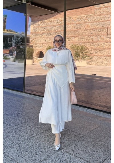 Riella Butik Nehir Üçlü Tesettür Takım Beyaz