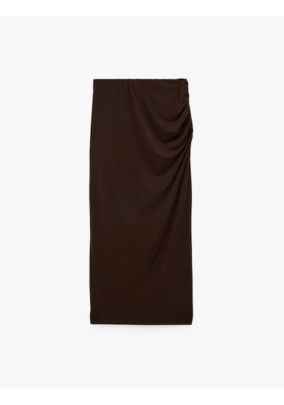 Koton Sandy Kumaş Slim Fit Drape Detaylı Midi Etek Kahverengi 7wak10042ek Kahve