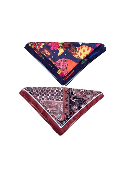 2 Li Saten Bandana Seti Saten Fular Saten Çanta Aksesuarı Özel Desen Bandana 45x50 Cm Haki - Gri