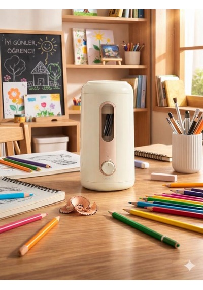 Va10 Bej Şarjlı Otomatik Elektrikli Kalemtıraş 2000mah 5 Kademe Uç Ayarlı, 6.9-12mm Jumbo Uyumlu, Type-c, Geniş Hazneli