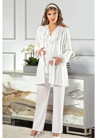 Xses 2190 Kadın Hamile Lohusa Sabahlıklı Pijama Takım-ekru