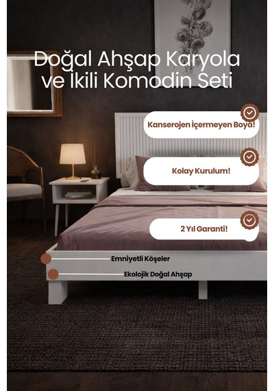 Renazzo Alaz Dikey Başlıklı Masif Ahşap Karyola Ve 2 Adet Beyaz 200x200 Beyaz - 200 X 200