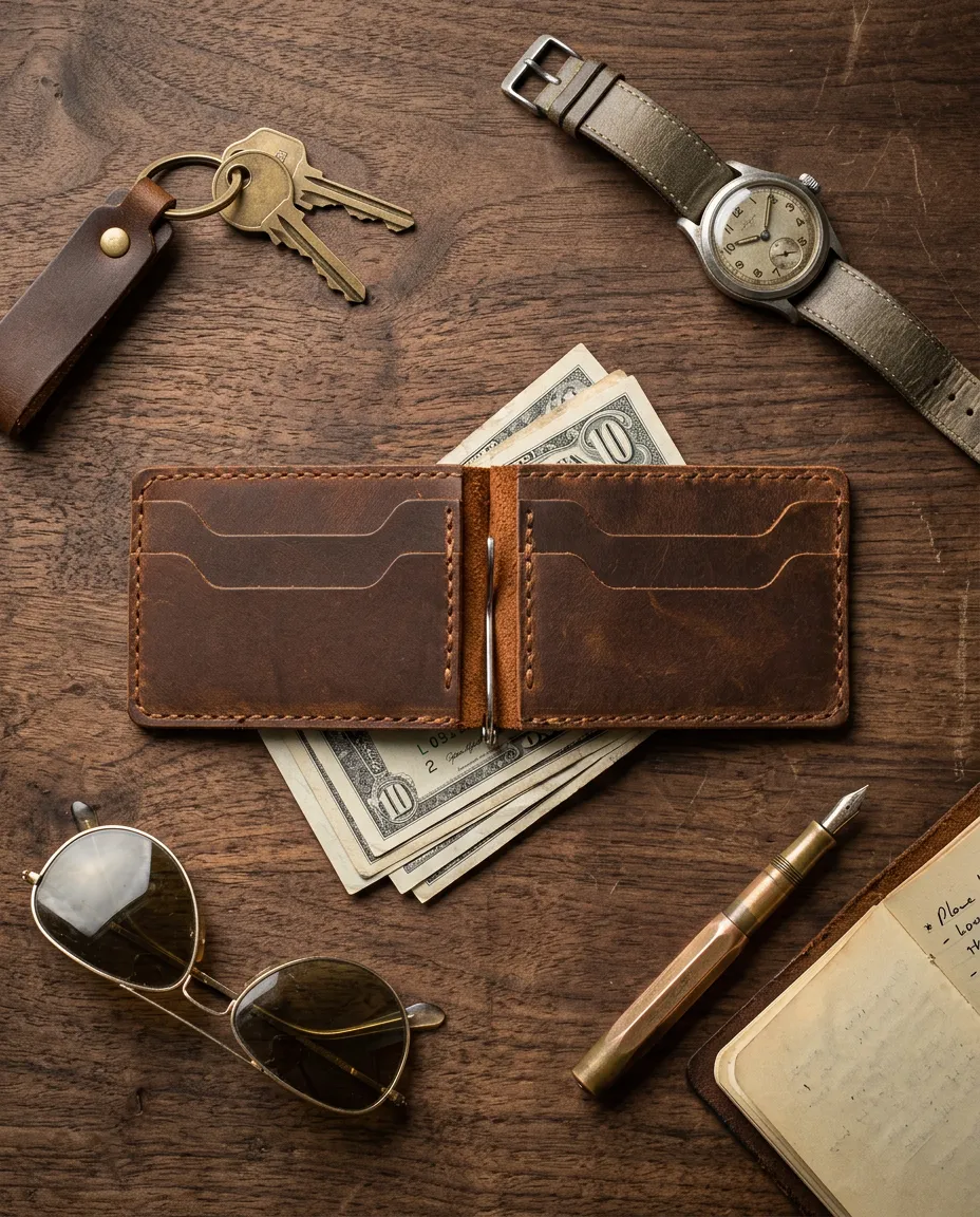 Natderi %100 El İşçiliği Hakiki Deri Para Maşalı Erkek Cüzdanı Klipsli Mini Kartlık 7x12 Cm Taba