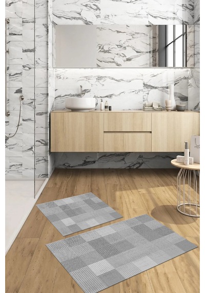 Buççin Online Mağaza Dijital Baskılı Yıkanabilir Kaymaz Taban Kilim Görünümlü Banyo Paspası Klozet Takımı Polyester Gri Çok Renkli