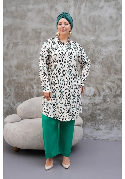 Polologin Butik Krem Rengi Motifli Uzun Tunik Krem
