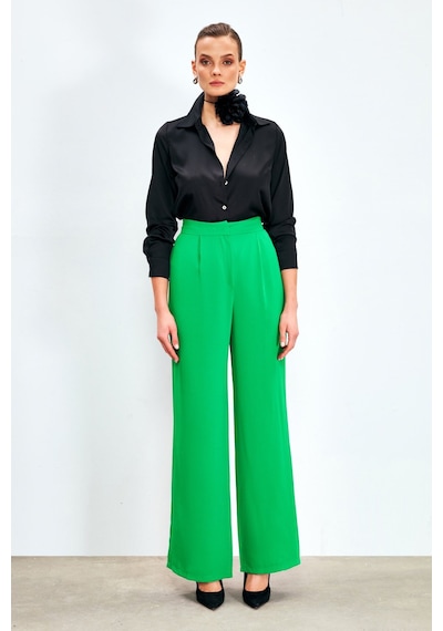 Sateen Pileli Krep Pantolon - Yeşil