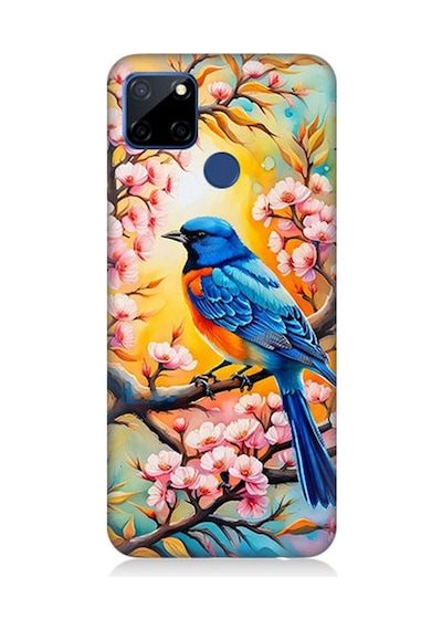 Realme C12 Uyumlu Pembe Dallarda Mavi Kuş Desenli Silikon Kılıf Çok Renkli