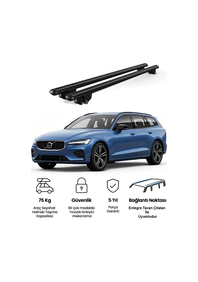 Kanca Volvo V90 Sw 2016 Ve Sonrası Uyumlu Siyah Kilitli Ara Atkı 120cm Port Bagaj Tavan Barı