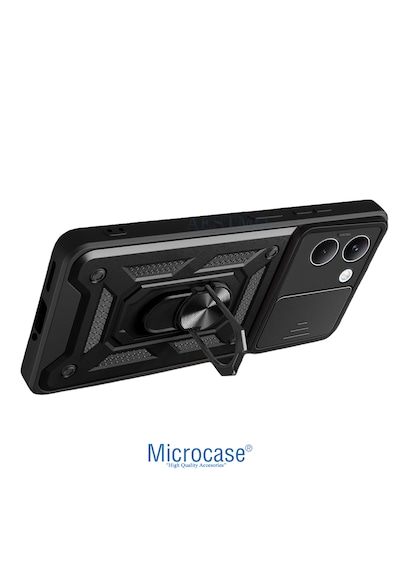 Microcase Poco X8 Pro 5g Uyumlu Kamera Kapaklı Manyetik Mıknatıslı Yüzük Standlı Kılıf - Al5128 Siyah Renk