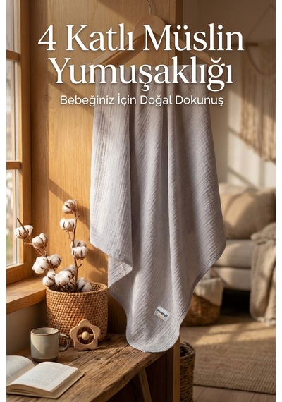4 Katlı Müslin Bebek Battaniyesi Hafif Ve Yumuşak Dokulu Mevsimlik Çok Amaçlı Örtü 110x110 CM Açık Gri