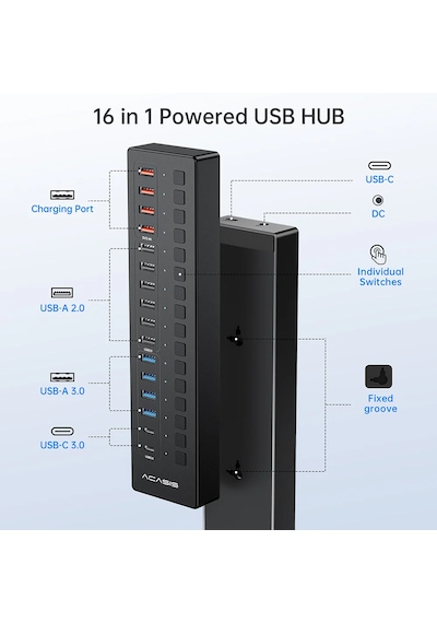 Acasis Ds516pb - 16 Port 5gbps Usb-a 3.0, Usb 2.0, Type-c 3.0, Akıllı Şarj Portu, Alüminyum Kasa, 60w Güç Adaptörlü, Led Işıklı, Usb / Type-c Çoklayıcı , Akıllı Şarj Hub Ds-516pb