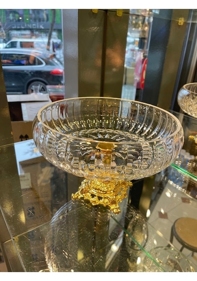 Paşabahçe Lotus Kristal 24 Cm Kesme Dekor Gold Ayak Salata Kasesi Cam Sunumluk- Servis Tabağı