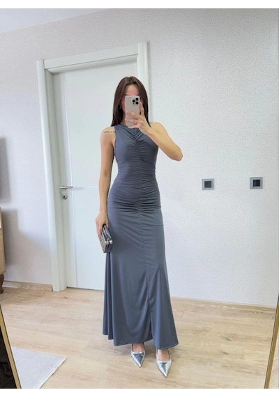 Valensdesign Kolsuz Büzgülü Uzun Elbise - Füme