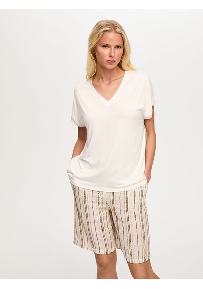 Faik Sönmez Resort Arkası Çizgili Dokuma Garnili V Yaka Tshirt S26tsh115 Us26tsh11573 Ekru
