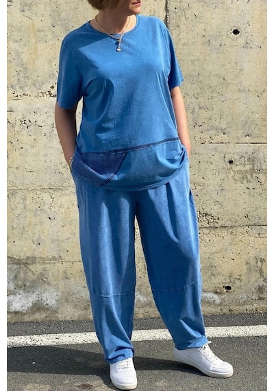 Mia Butik Büyük Beden Selenay Mavi Keten Takım Mavi