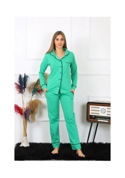 İkikareshop Kadın Pamuk Penye Önden Düğmeli Uzun Kol Yeşil Pijama Takım Çok Renkli