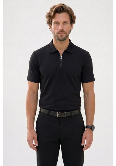 Tudors Erkek Slım Fit Dar Kesim Ekstra Soft Modal Kumaş Kısa Kollu Yarım Fermuarlı Siyah Polo Yaka Tişört-51035