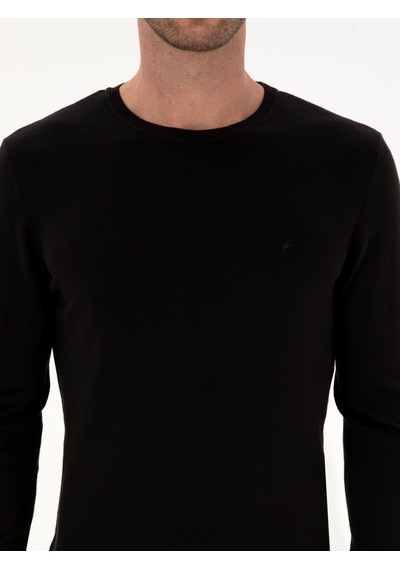 Cacharel Siyah Slim Fit Pamuk Karışımlı Bisiklet Yaka Basic Triko Kazak