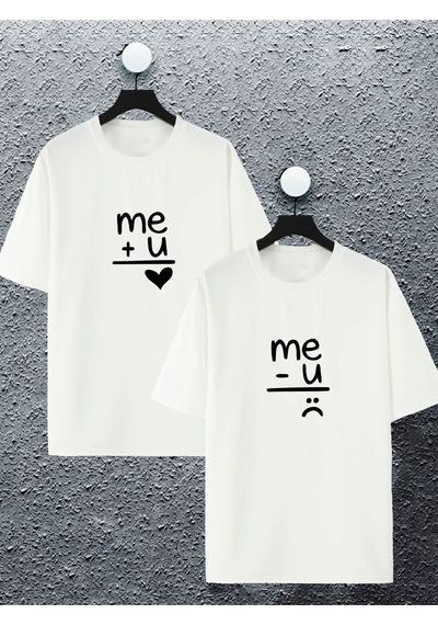 Unisex Kadın Erkek Ben + Sen, Ben - Sen Baskılı Sevgili Çift Kombini Tasarım Oversize T-shirt 2'li Beyaz Mck2393 Beyaz