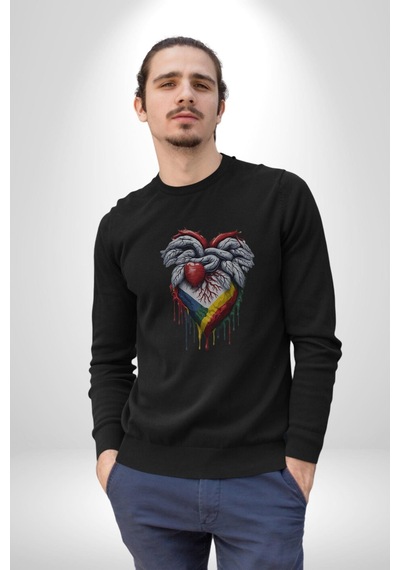 Kalp Damar Renkli Boyalı Unisex Siyah Baskılı Sweatshirt Siyah