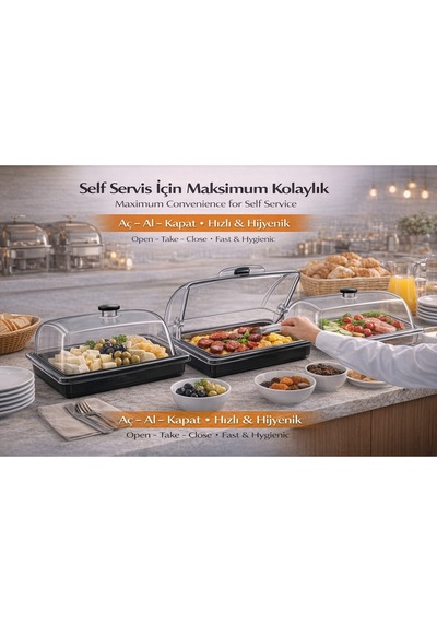 Polikarbon Gn 1/1 Menteşeli Fanus Kapaklı Servis Tepsisi 32.5x53 Cm Açılır Kapanır Kapak Şeffaf
