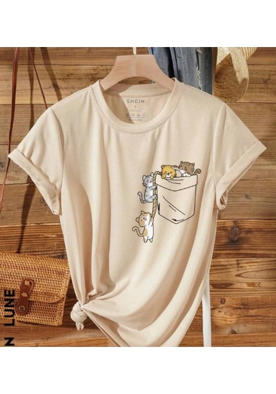 Kadın Kedi Cep Baskılı Regular T-shirt 001