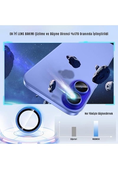 Madnova İphone 16/16 Plus İçin Kamera Koruyucu Alüminyum Alaşım Çerçeveli Tempered Glass İphone Kamera Lens Koruyucu Mavi