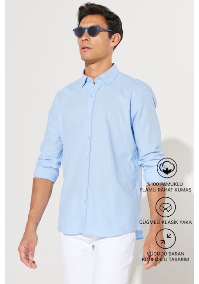 AC&Co / Altınyıldız Classics Tailored Slim Fit Dar Kesim Düğmeli Yaka %100 Pamuk Erkek Gömlek Mavi