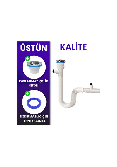 Çift Girişli Körüklü Lavabo Sifonu, Çamaşır Ve Bulaşık Makinesi Bağlantılı, Esnek Gövde, Ayarlanabilir