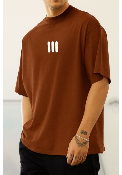 3 Çizgi Baskılı Unisex Tshırt Q6 Kahverengi