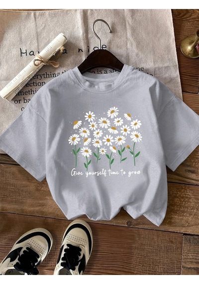 Flood Of Style Kadın Gri Papatya Bahçesi Baskılı Oversize