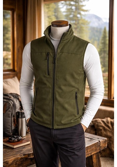 Vatan Tekstil Dik Yaka Slim Fit 3 Cepli Softshell Erkek Yelek Su İtici Kumaş Haki