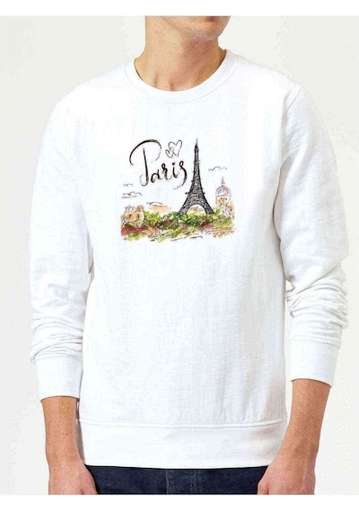 Paris Eyfel Kulesi Baskılı Beyaz Erkek Örme Sweatshirt