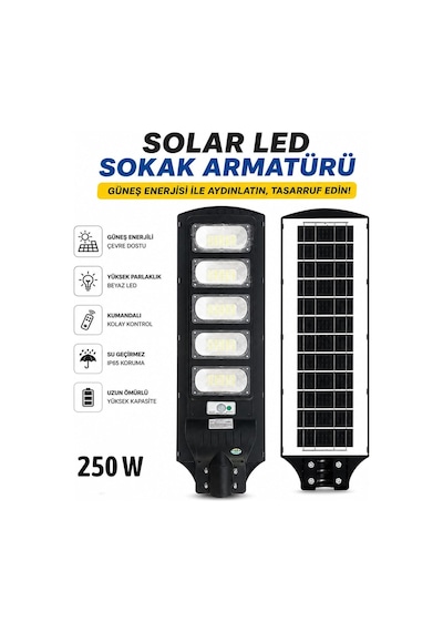 Solar 250w Led Armatür Güneş Enerjili Kumandalı Sokak Bahçe Dış Mekan Duvar Aydınlatma Sistemi