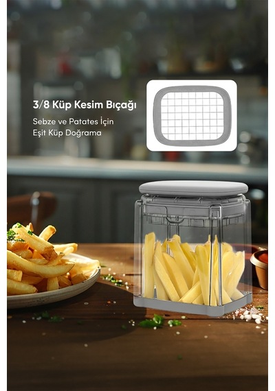 Chop Box Basmalı Sebze Doğrayıcı 3/8 İnç Paslanmaz Çelik Bıçaklı Küp Kesim Aparatı Beyaz