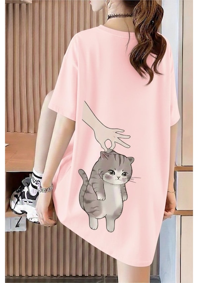 Hand And Cat Kadın Oversize Basic Bisiklet Yaka Pamuklu T-shirt Rahat Kesim Unisex Pembe