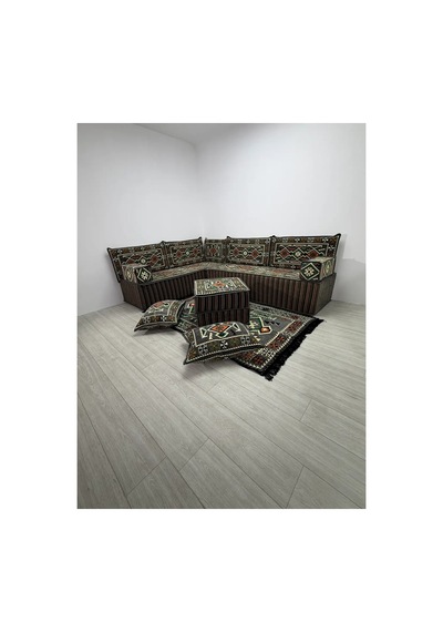 40 Cm Kalın Süngerli Gri Anadolu Motifli Şark Köşesi - Kilim Desenli L Yer Minderi Ve Halı Seti