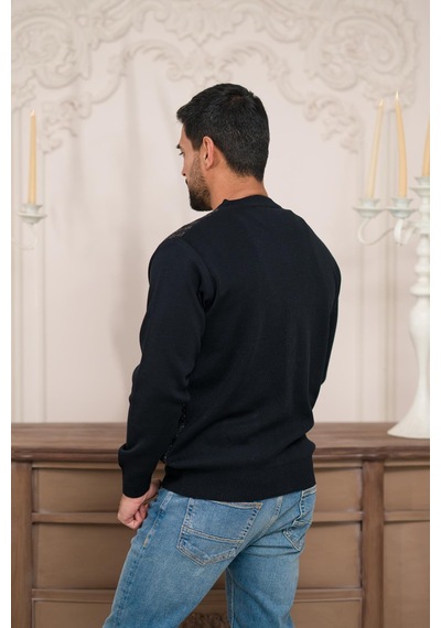 Woolen World Regular Fit V Yaka Ön Cepli Desenli Triko Hırka Lacivert