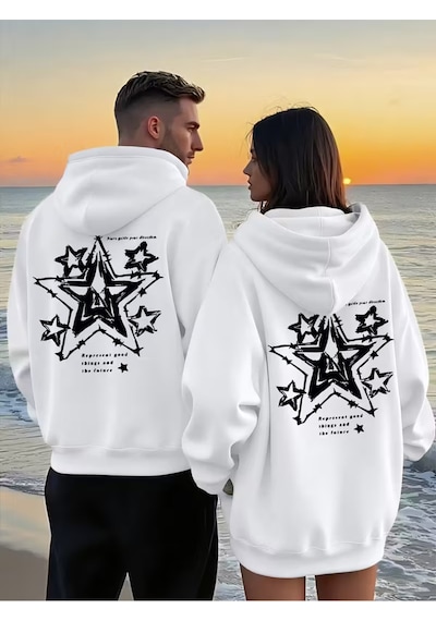Nevermind Yıldız Desenli Baskılı Hoodie Trend Sevgili Kombini Oversize 3 Beyaz