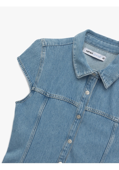 Koton Kısa Kollu Düğmeli Gömlek Yaka Mini Denim Elbise Açık İndigo 5sal80060md Açık İndigo