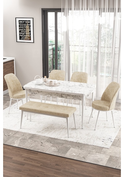 Canisa Concept Zen Serisi 80x132 Mdf Açılabilir Beyaz Mermer Desen Masa Takımı 4 Krem Sandalye Ve 1 Bench Masa Beyaz Mermer Sandalye Ve Bench Krem Canisa Concept Zen Serisi 80x132 Mdf Açılabilir Beyaz Mermer Desen Masa Takımı 4 Krem Sandalye Ve 1 Bench Masa Beyaz Mermer Sandalye Ve Bench Krem