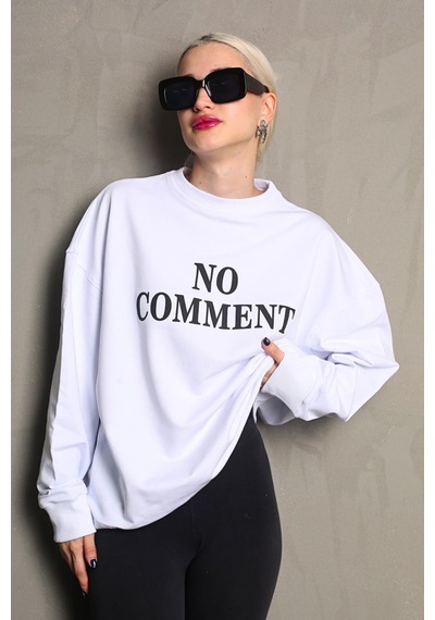 Madmext Beyaz Bisiklet Yaka Baskılı Oversize Kadın Sweatshirt Mg1902 Beyaz