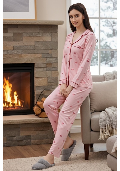 Remsa Kadın Kalp Desenli Önü Düğmeli Yumuşak Milan Kumaş Pijama Takımı 250356 Pembe Pembe