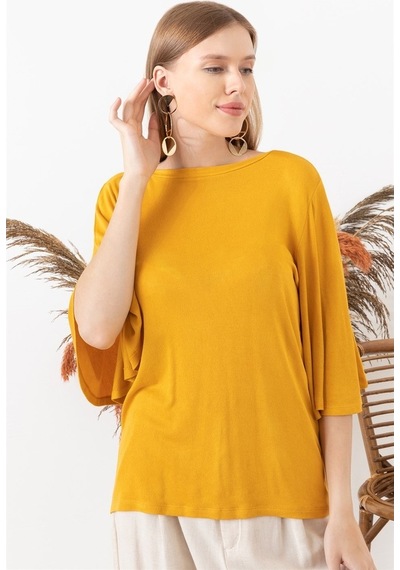 Aqe Fashion Kadın Hardal Kolu Volanlı Kayık Yaka Bluz-Hardal