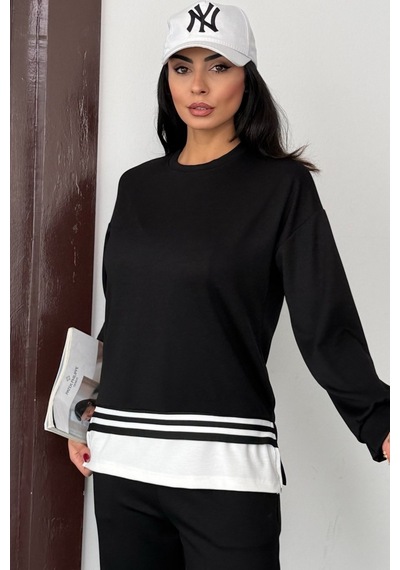 Ded Collectıon Kadın Yanı Yırtmaçlı İnce Şerit Detaylı Uzun Kol Sweatshirt Modal Takım Siyah Ded Collectıon Kadın Yanı Yırtmaçlı İnce Şerit Detaylı Uzun Kol Sweatshirt Modal Takım Siyah