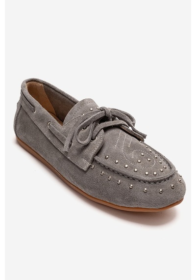 Luvishoes Cuesta Gri Süet Hakiki Deri Troklu Bağcıklı Kadın Loafer Ayakkabı